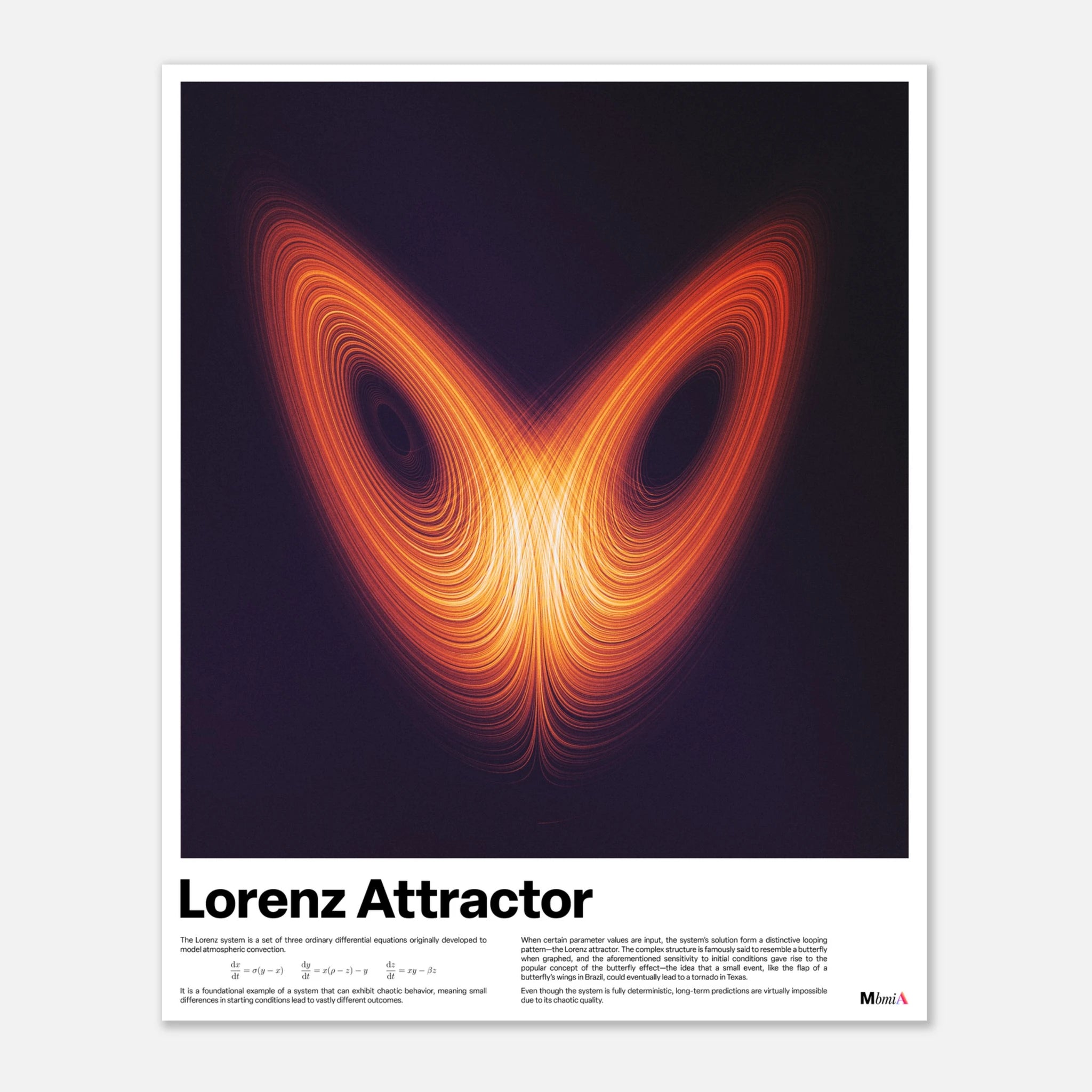 Lorenz Attractor poster, chaos theory math art print, orange