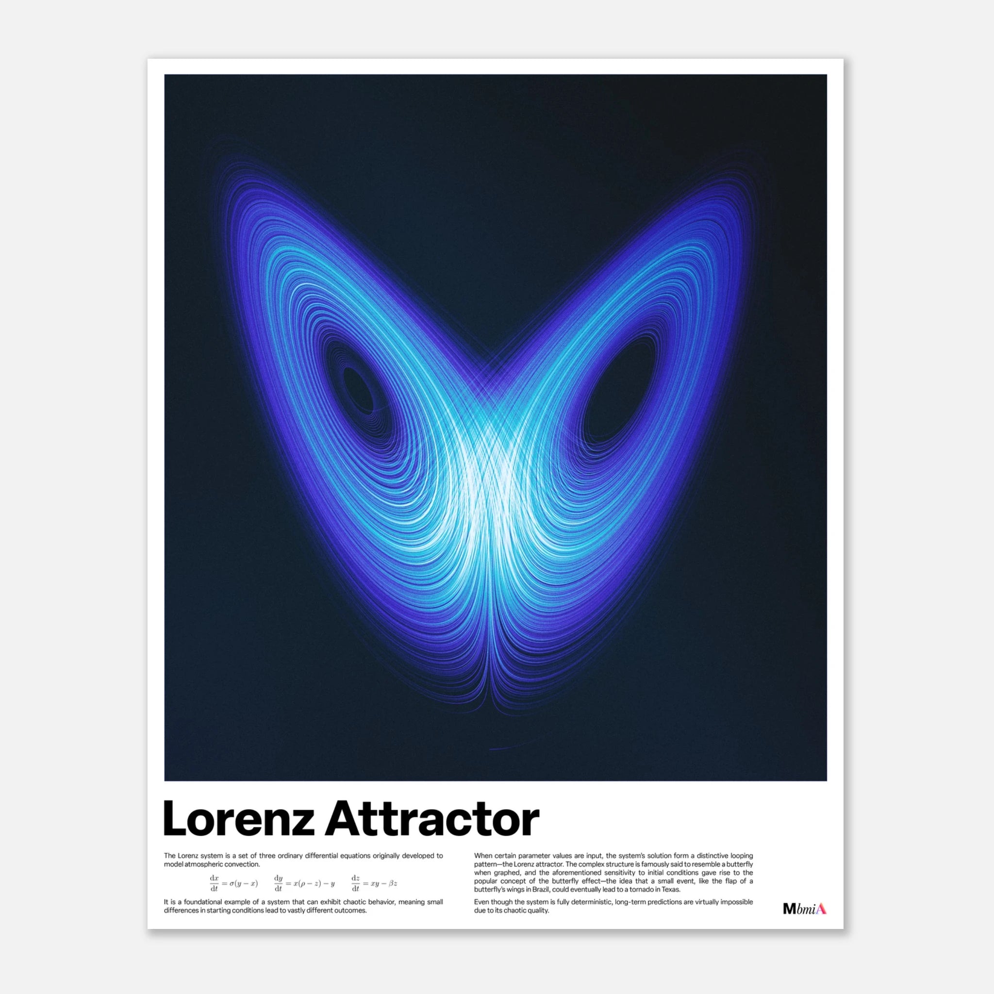Lorenz Attractor poster, chaos theory math art print, blue