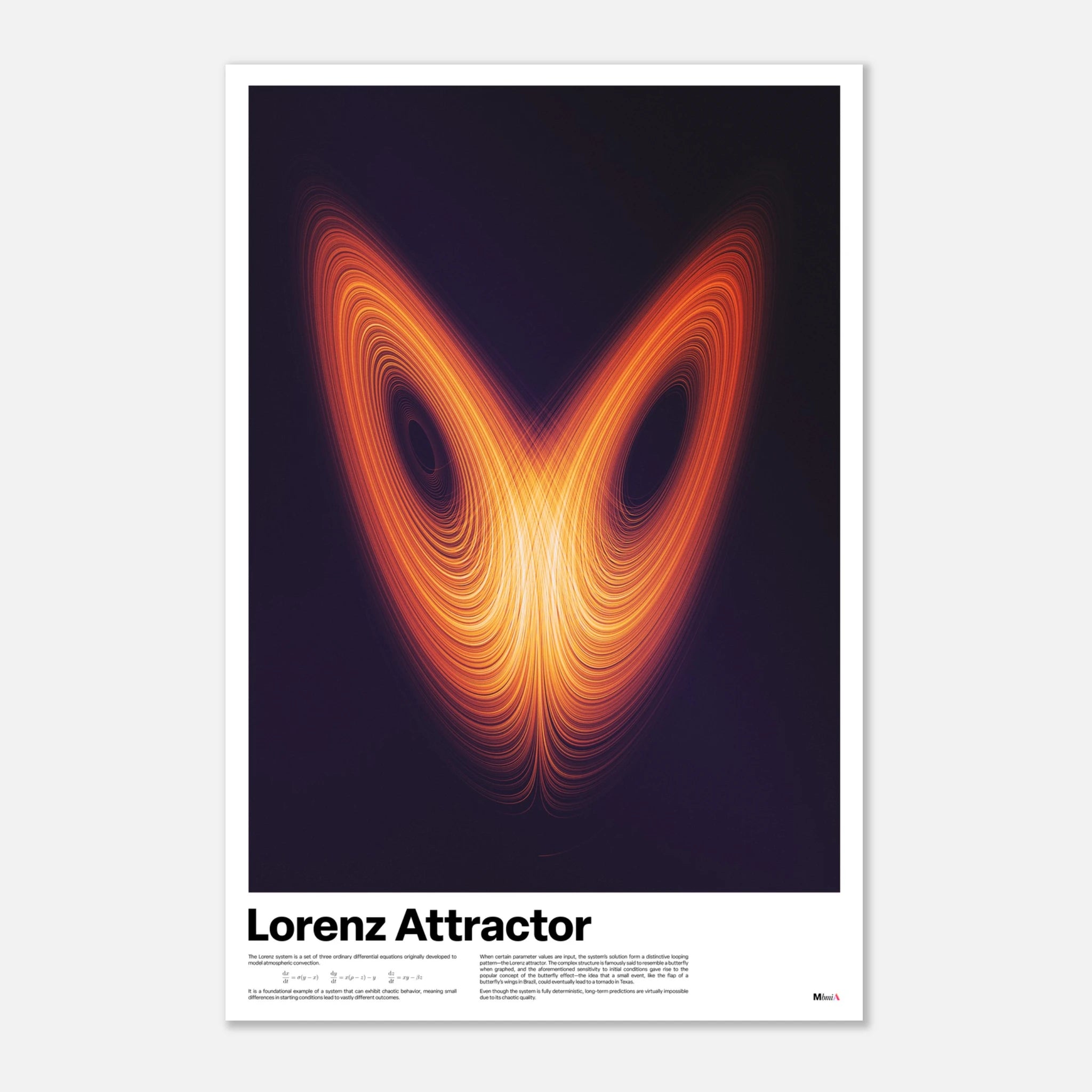 Lorenz Attractor poster, chaos theory math art print, orange
