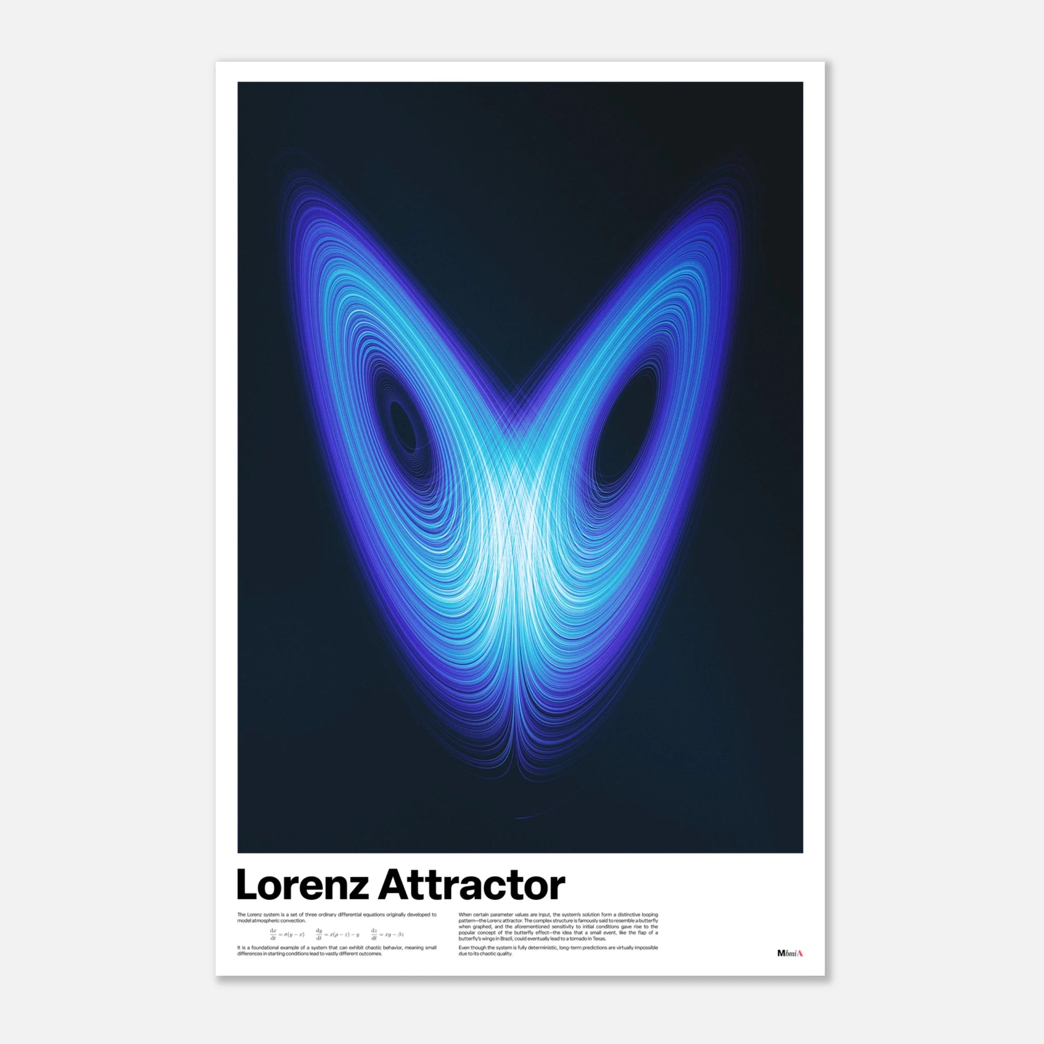 Lorenz Attractor poster, chaos theory math art print, blue